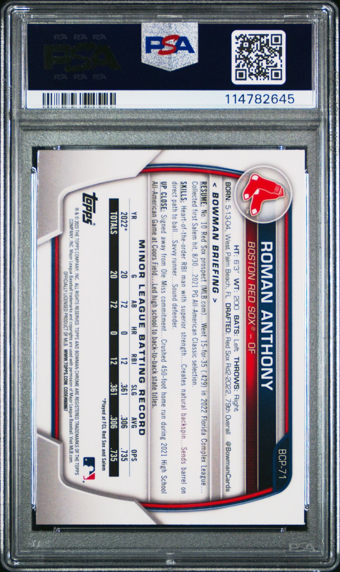 2023 Bowman Mega Box Chrome Roman Anthony #71 (Chrome) Gem Mt 10 back