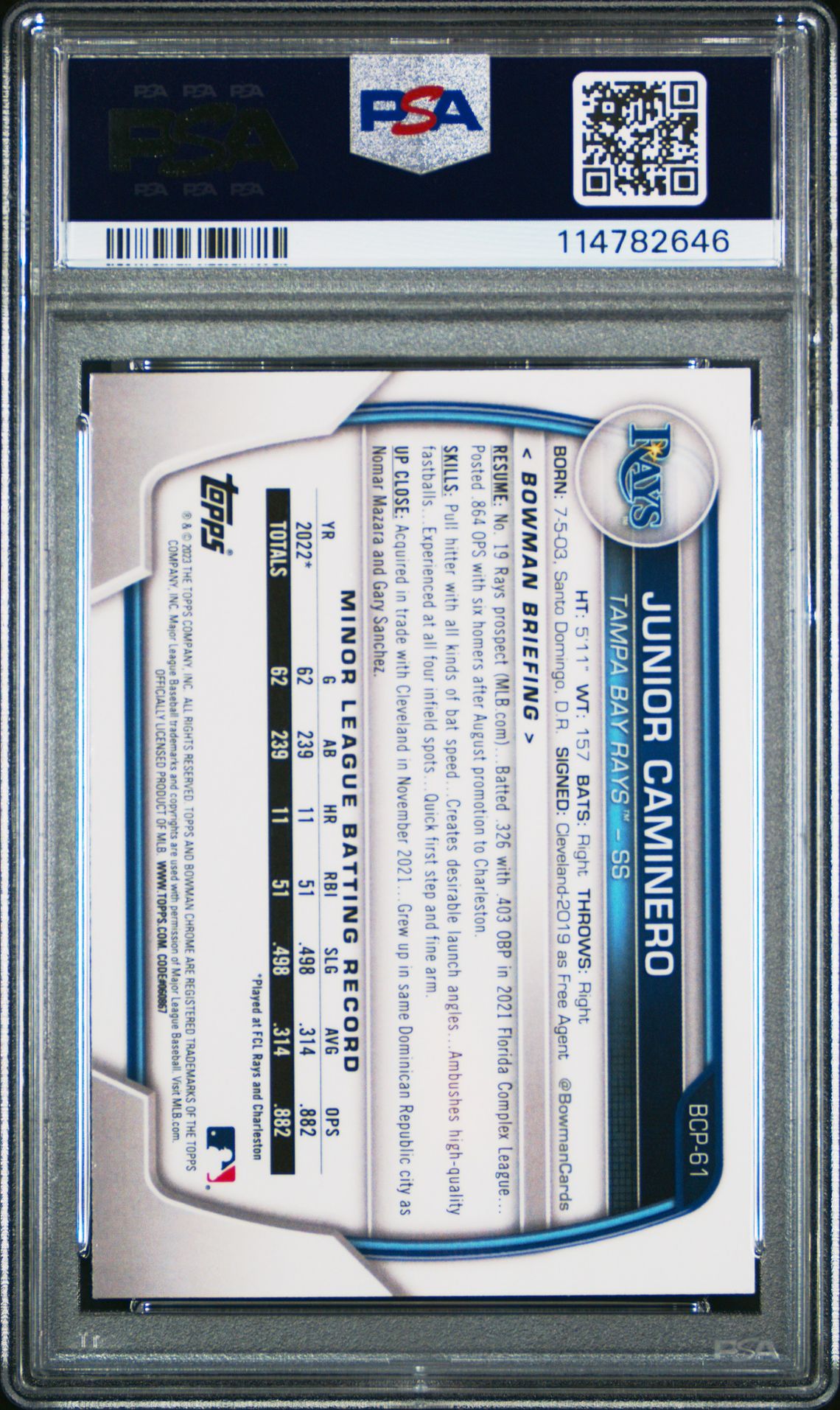 2023 Bowman Mega Box Chrome Junior Caminero #61 (Chrome) Gem Mt 10 back