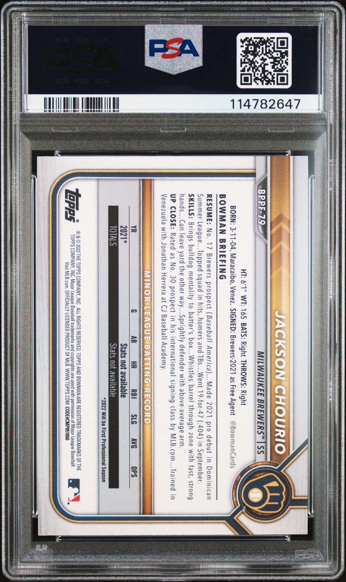 2022 Bowman 1St Edition Jackson Chourio #Bppf79 Gem Mt 10 back