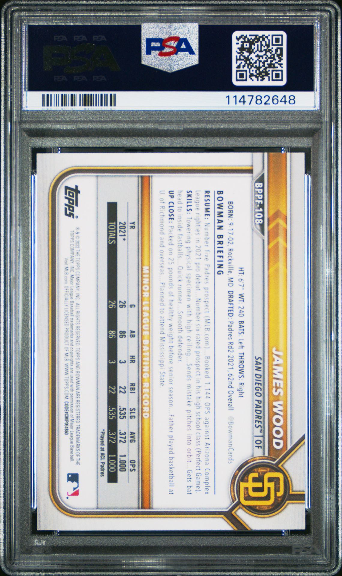 2022 Bowman 1St Edition James Wood #Bppf108 Gem Mt 10 back