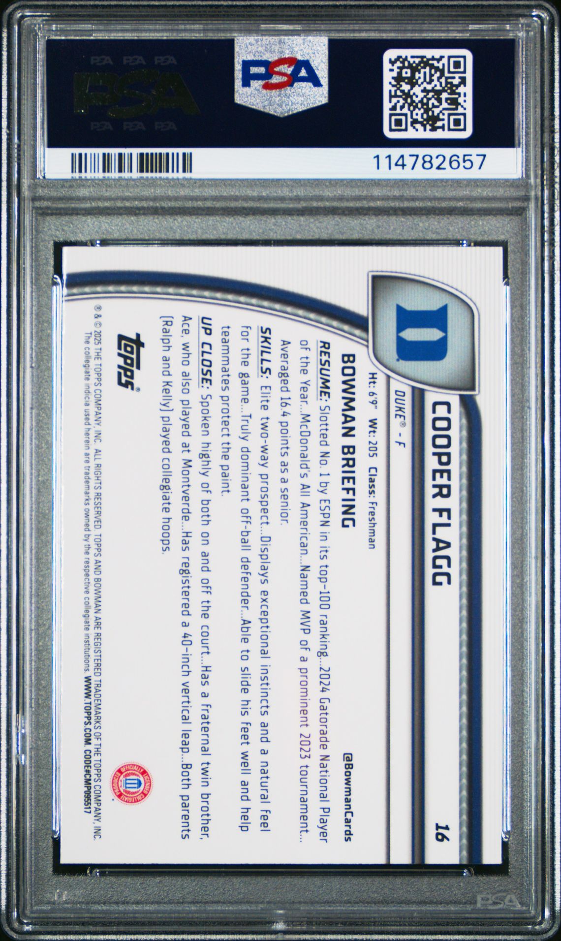 2024 Bowman Chrome University Cooper Flagg #16 (Black Wave) Mint 9 back