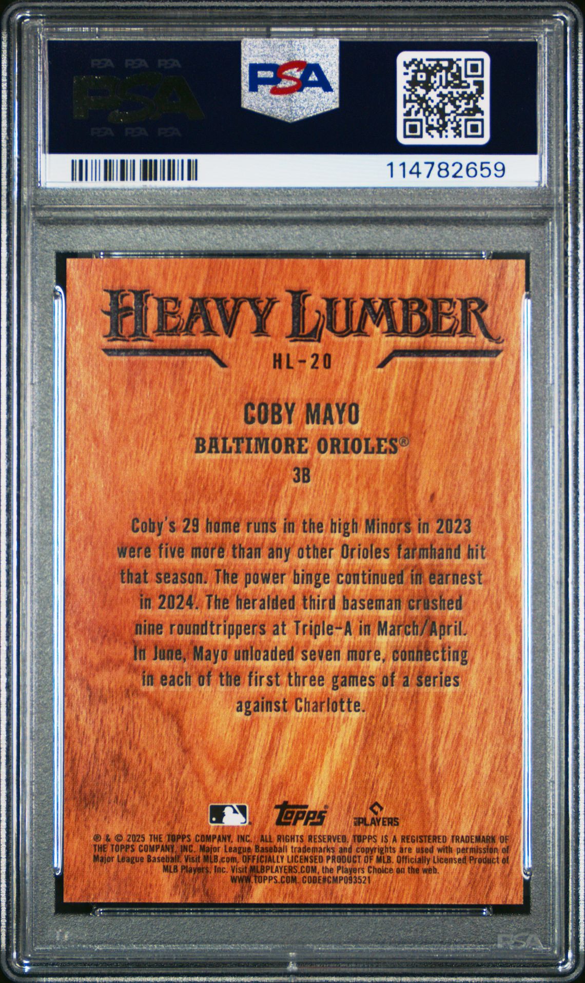 2025 Topps Heavy Lumber Coby Mayo #Hl20 Gem Mt 10 back