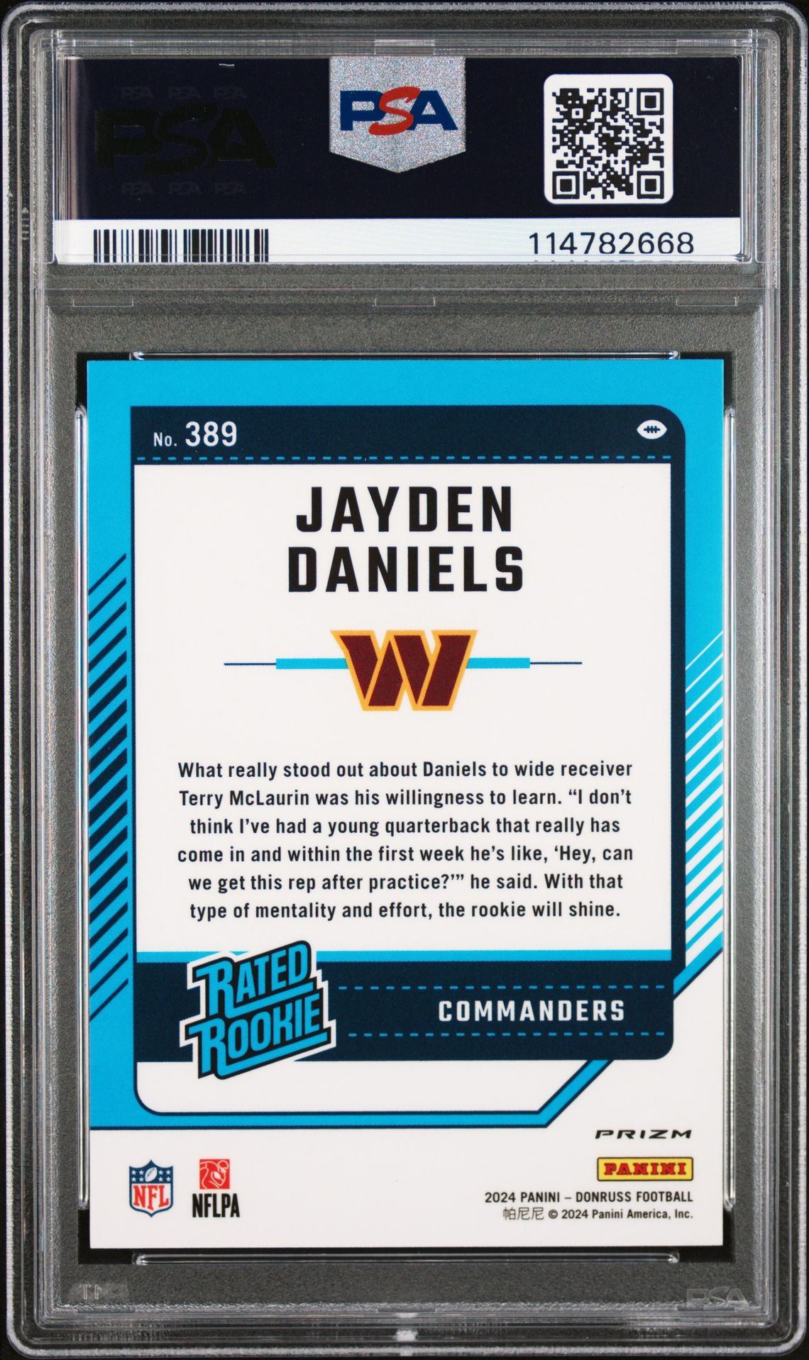 2024 Panini Donruss Jayden Daniels #389 (Optic Preview-Pink) Gem Mt 10 back