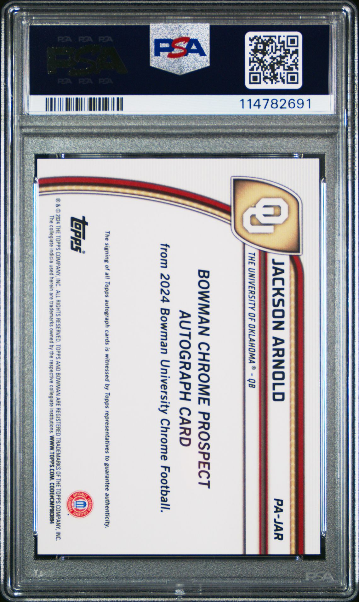 2024 Bowman University Chrome Bowman Chrome Prospect Autographs Jackson Arnold #Pajar (Chr Prospect Au-Gold Ref) Gem Mt 10 back