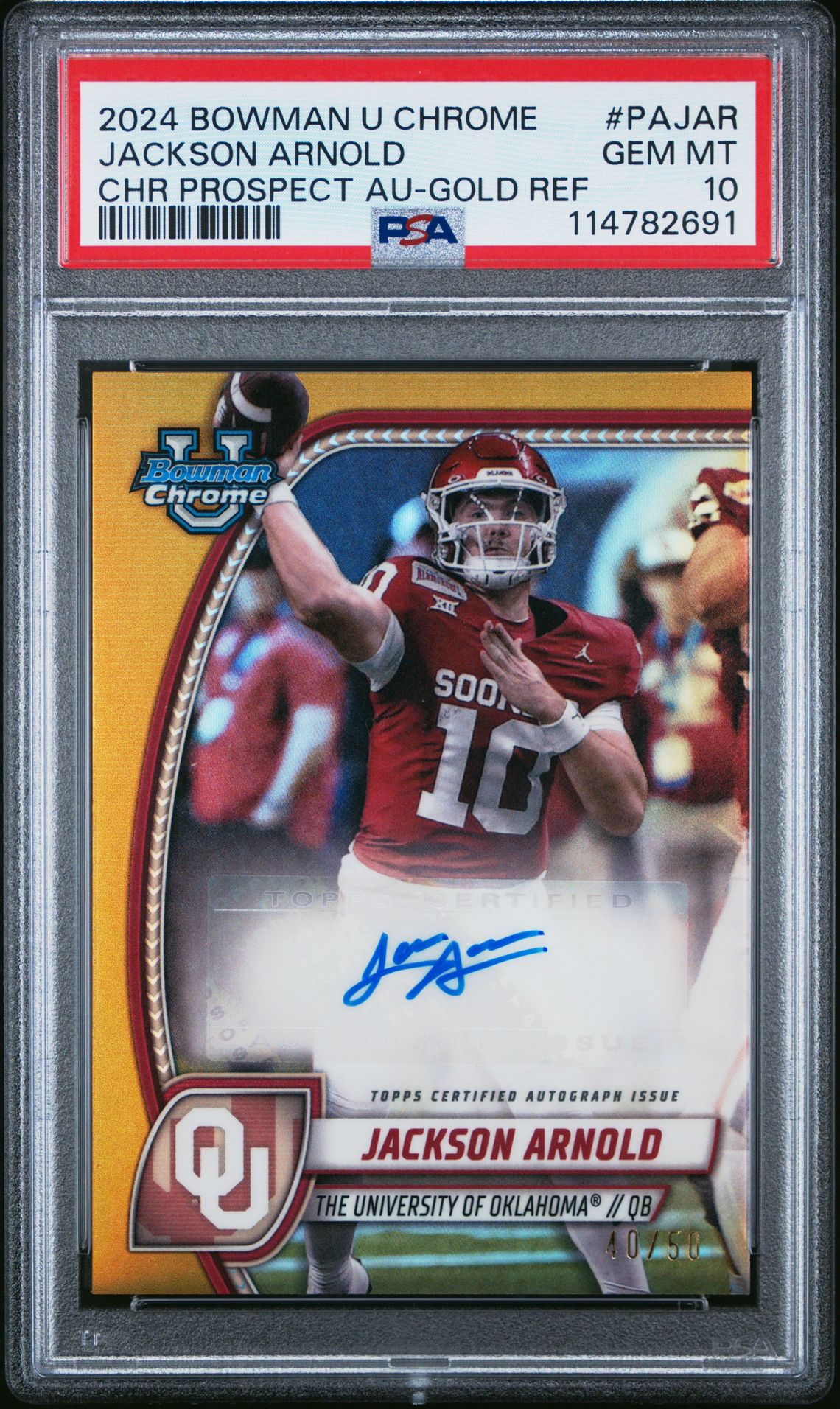 2024 Bowman University Chrome Bowman Chrome Prospect Autographs Jackson Arnold #Pajar (Chr Prospect Au-Gold Ref) Gem Mt 10 front