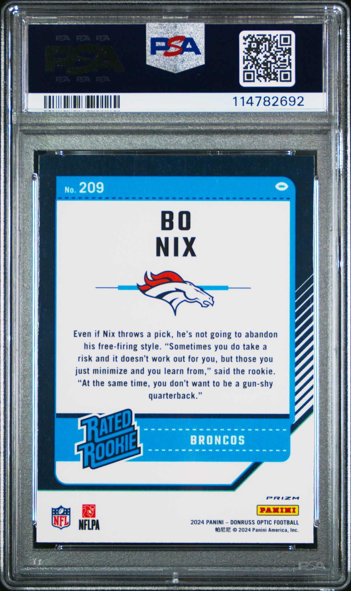 2024 Panini Donruss Optic Bo Nix #209 (Blue Hyper) Gem Mt 10 back