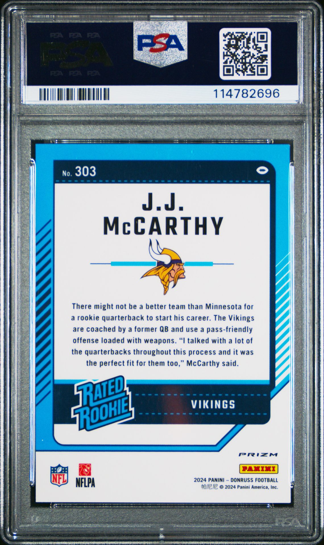 2024 Panini Donruss Jj Mccarthy #303 (Optic Preview-Grn Velocity) Mint 9 back