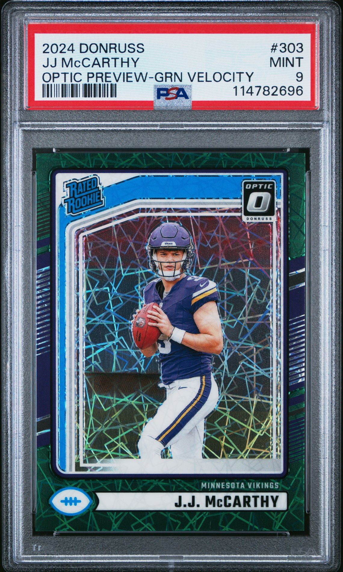 2024 Panini Donruss Jj Mccarthy #303 (Optic Preview-Grn Velocity) Mint 9 front