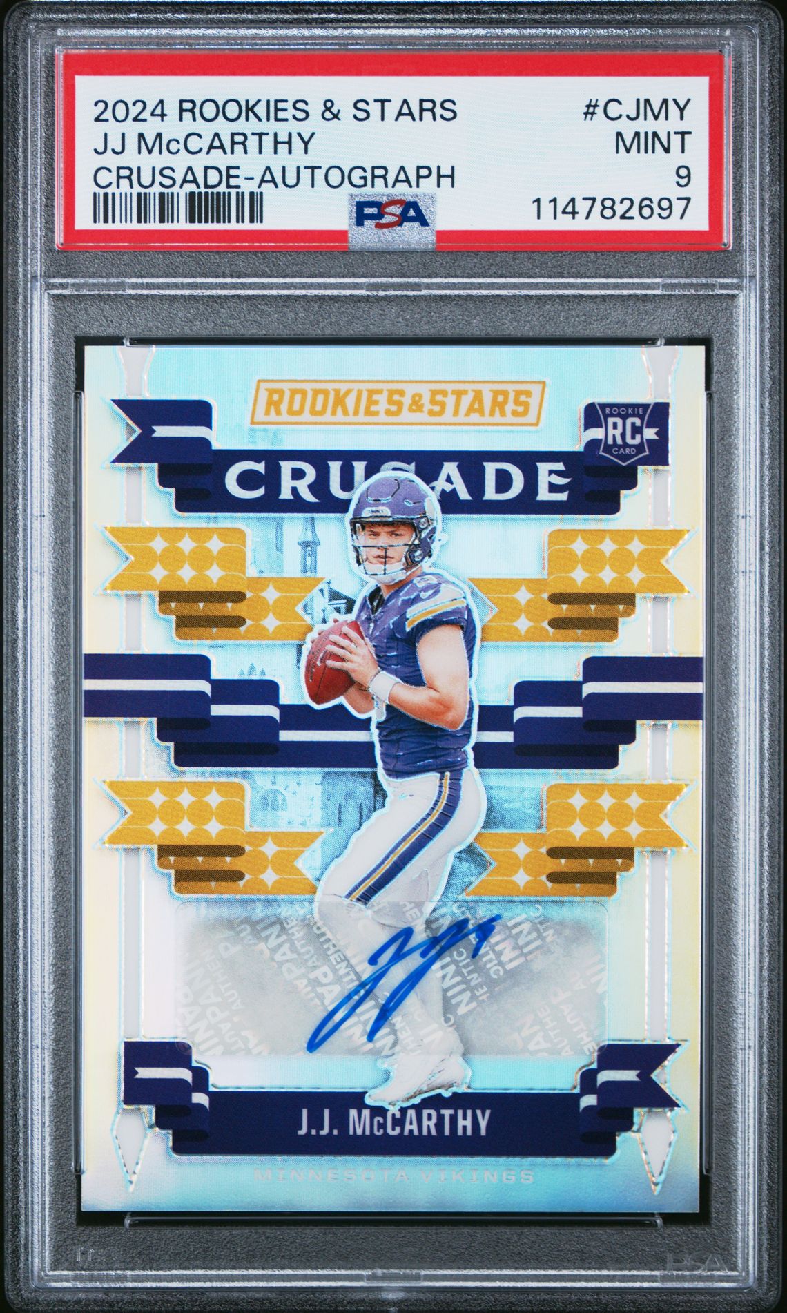 2024 Panini Rookies & Stars Crusade Jj Mccarthy #Cjmy (Crusade-Autograph) Mint 9 front