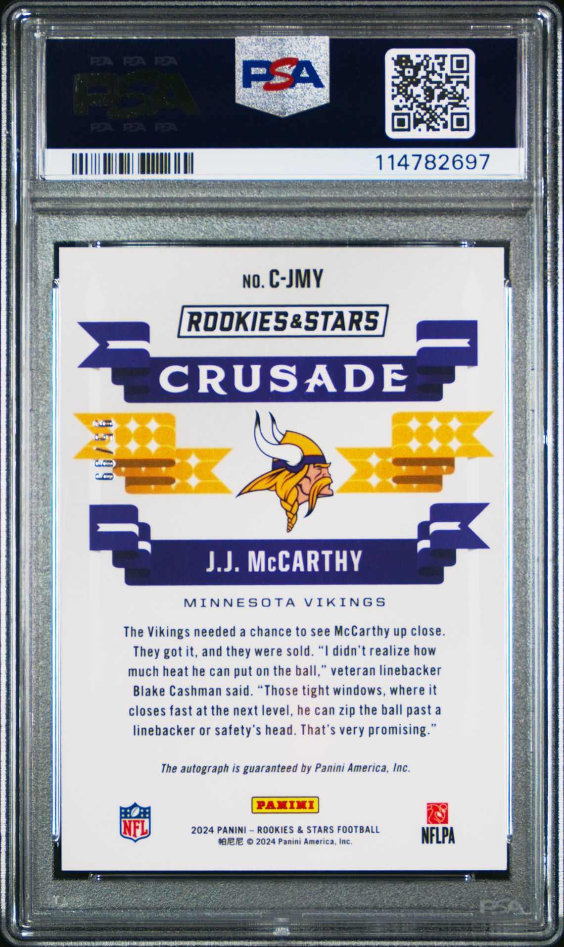 2024 Panini Rookies & Stars Crusade Jj Mccarthy #Cjmy (Crusade-Autograph) Mint 9 back