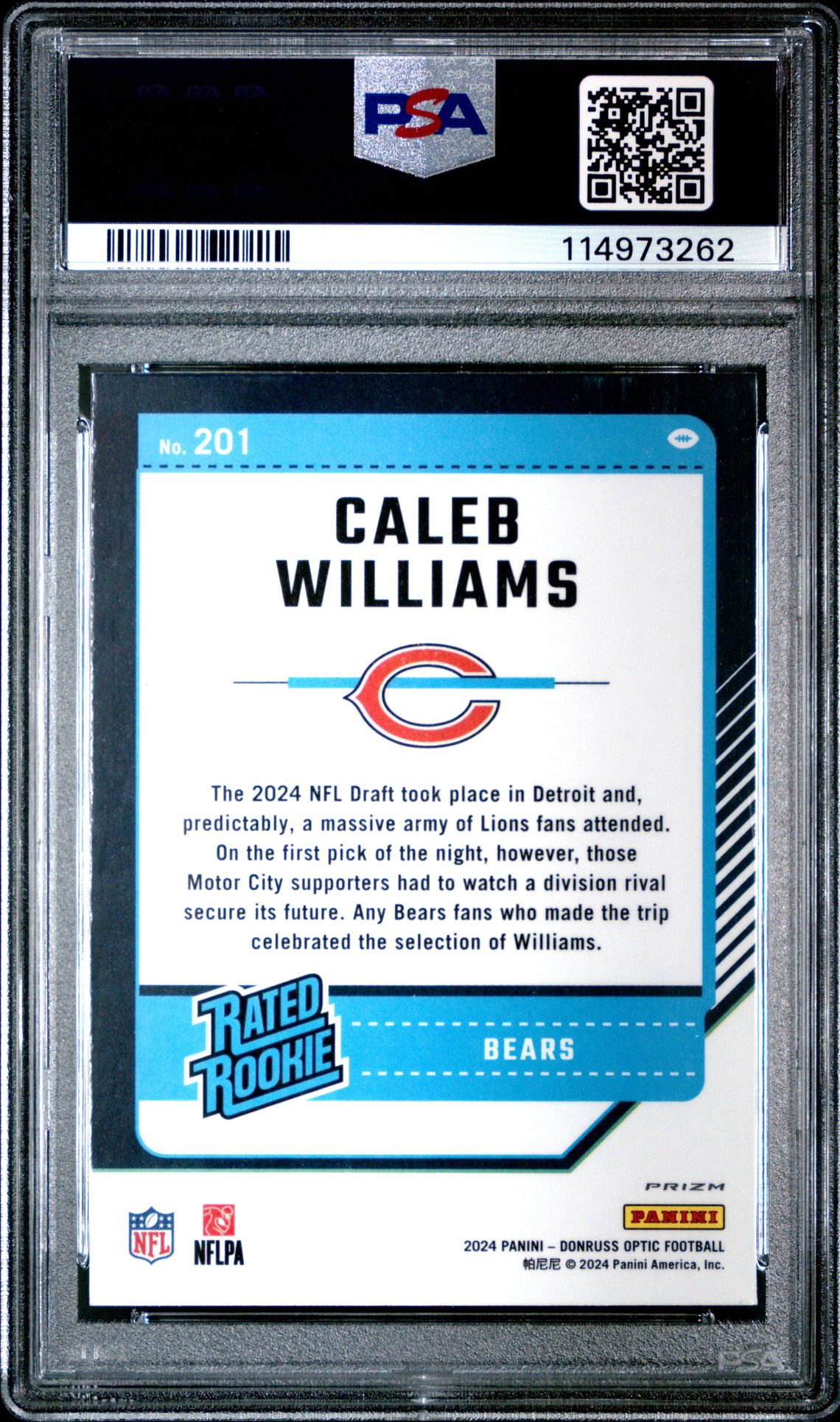 2024 Panini Donruss Optic Caleb Williams #201 (Blue Glitter) Mint 9 back
