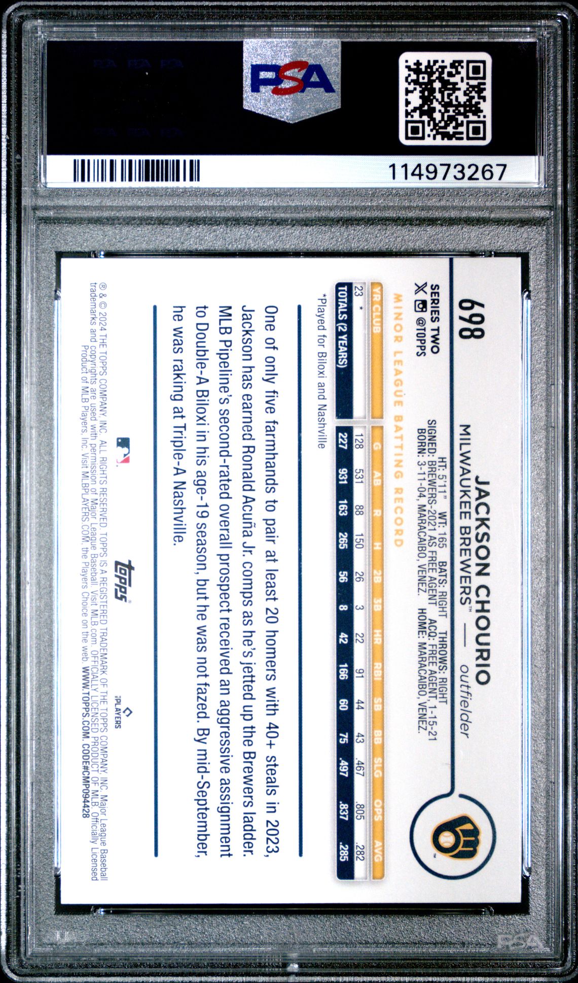 2024 Topps Jackson Chourio #698 (Sp) Mint 9 back