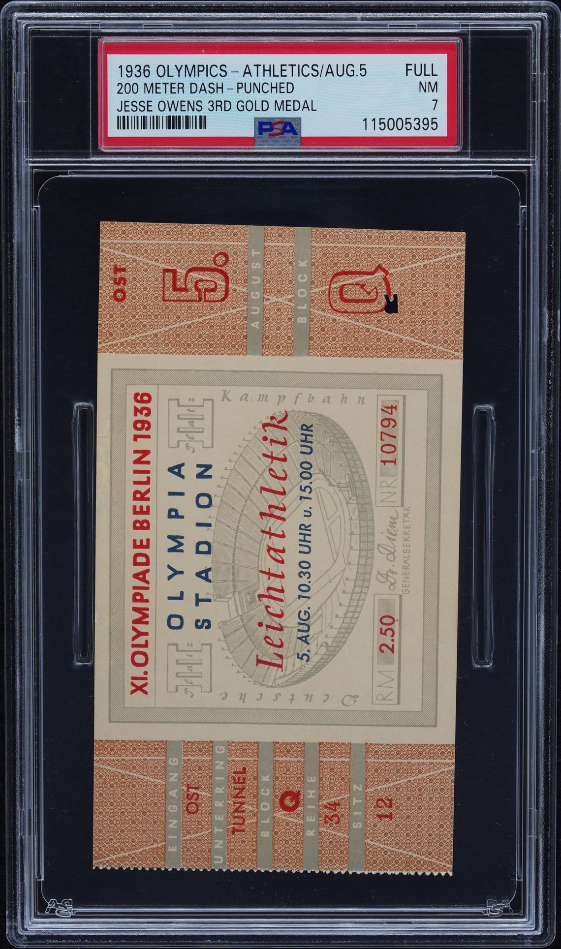 Jesse Owens 5 August 1936 200m final full ticket graded PSA NM 7, cert 115005395, the most expensive Jesse Owens gold medal ticket on record at $17,690