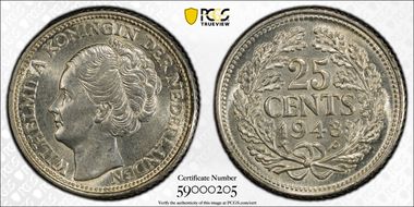 1943-P 25C Palm Tree privy KM-38  Ag MS63
