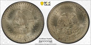 1948-Mo 5 Peso Cuauhtemoc KM-465  Ag MS65