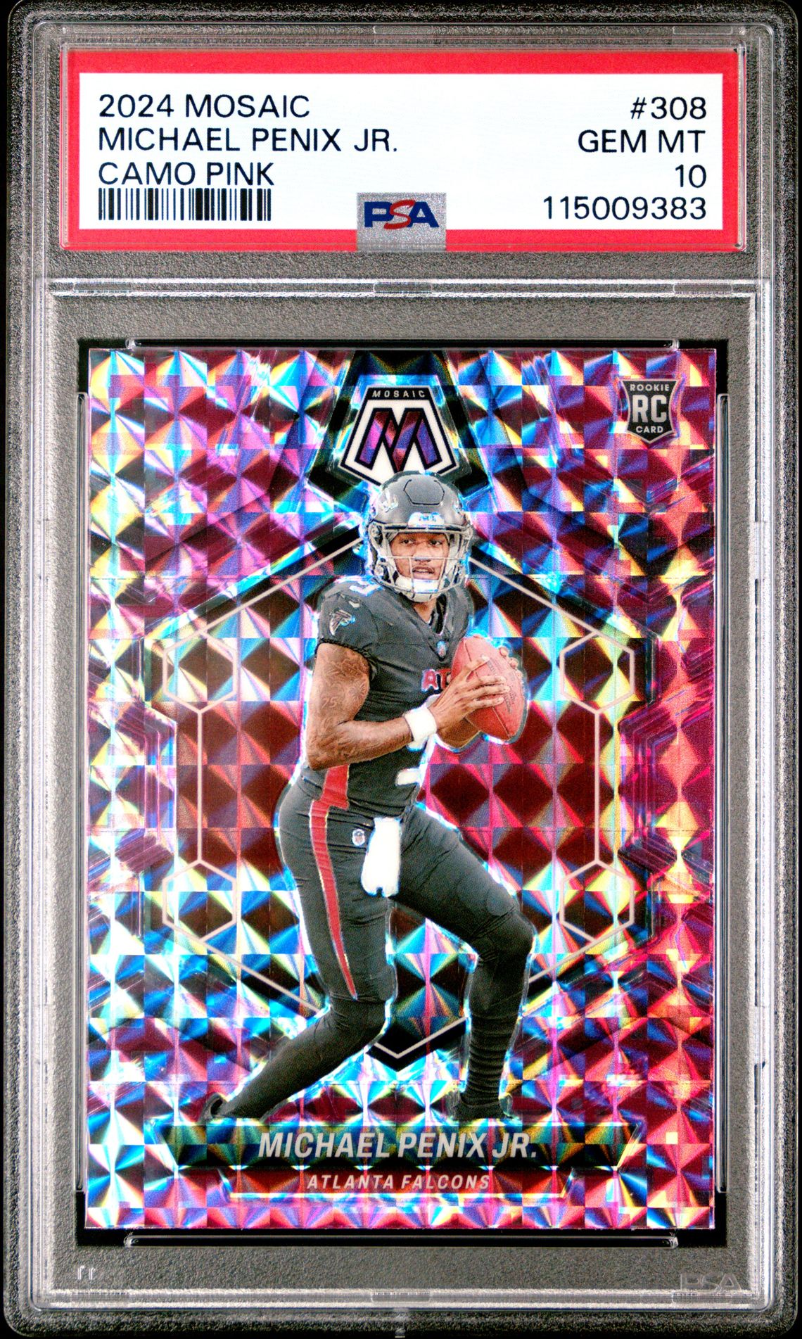 2024 Panini Mosaic Michael Penix Jr. #308 (Camo Pink) Gem Mt 10 front view - PSA graded GEM MT 10