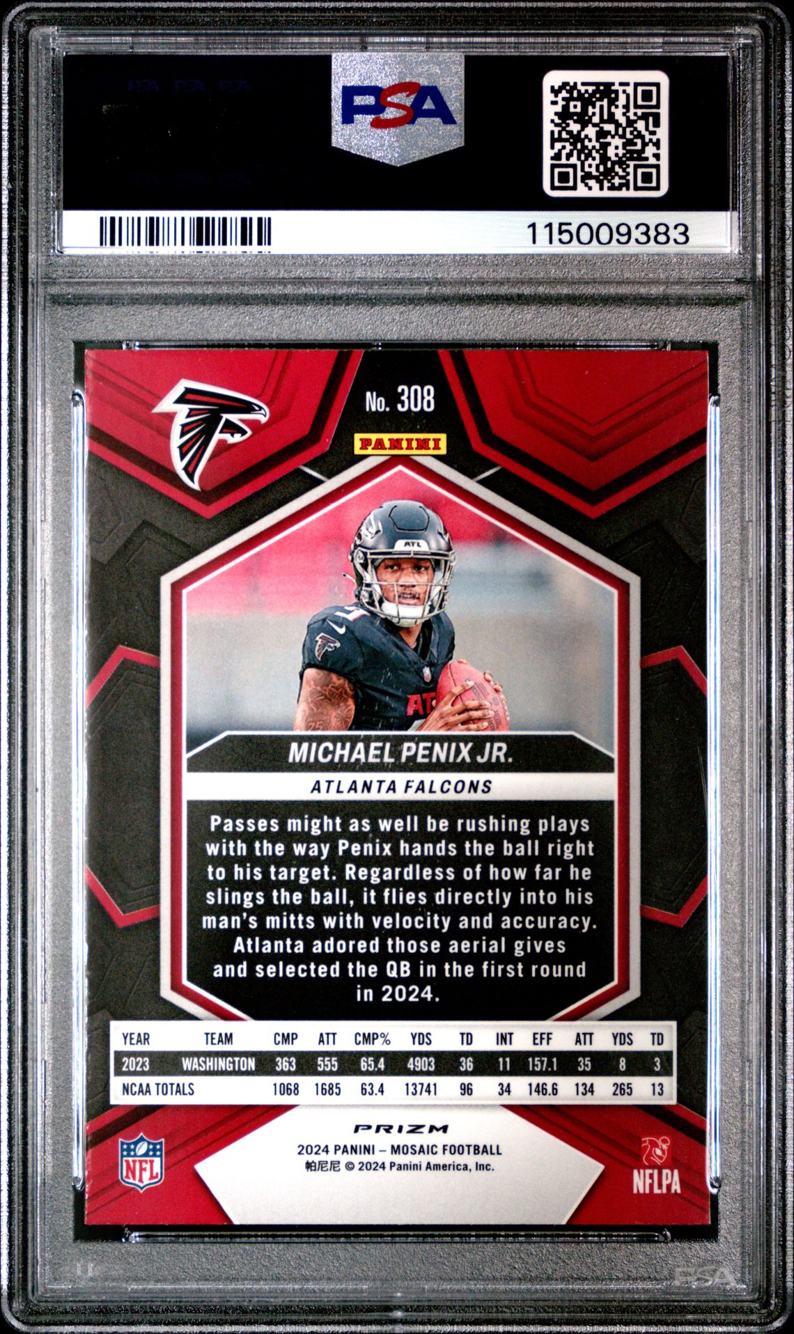 2024 Panini Mosaic Michael Penix Jr. #308 (Camo Pink) Gem Mt 10 back view - PSA certificate #115009383