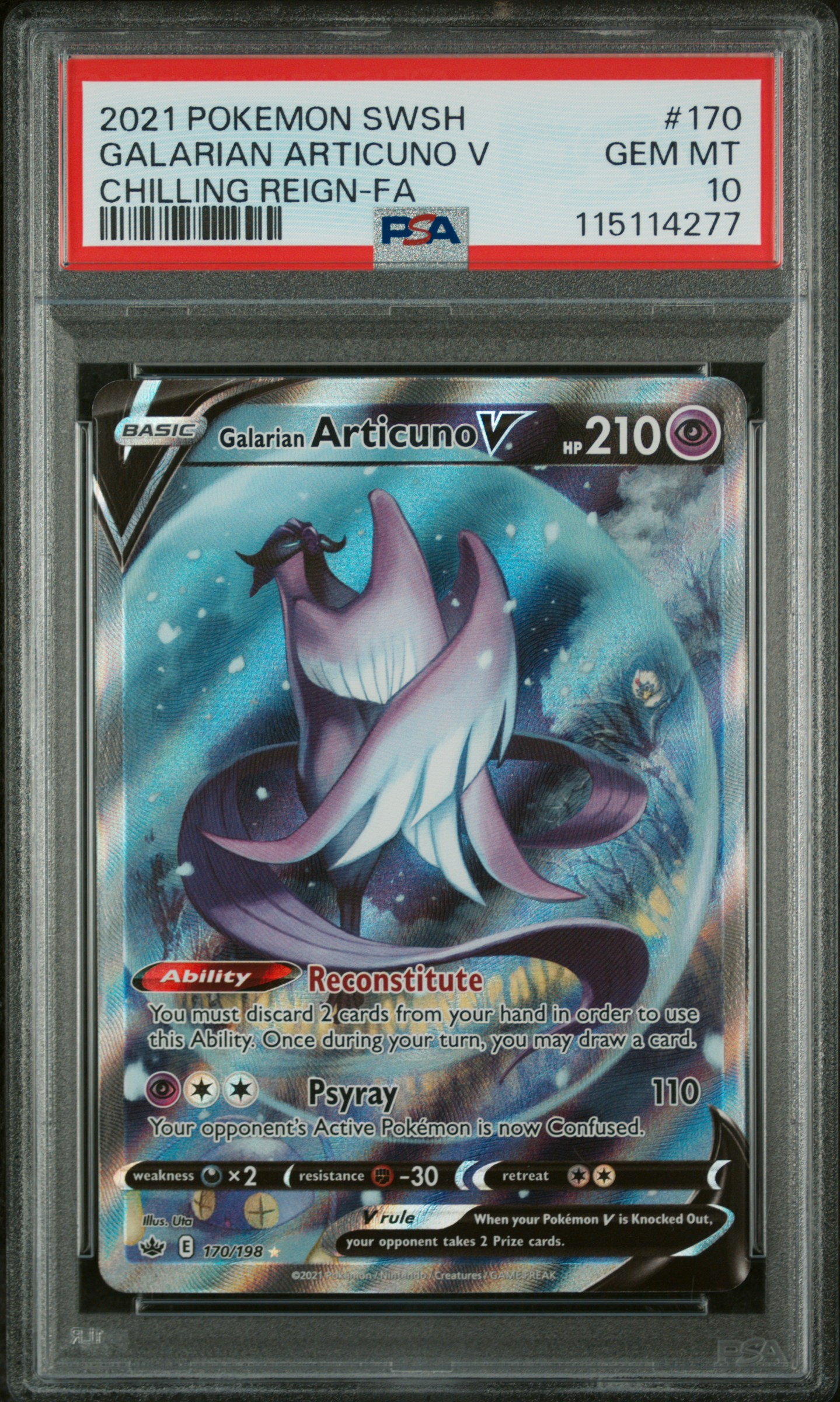 2021 #170 Full Art/Galarian Articuno V PSA 10 Sword & Shield Chilling Reign