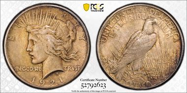 1921 $1 High Relief, Peace AU58