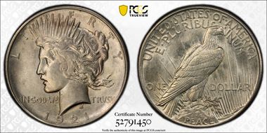 1921 $1 High Relief, Peace AU58+