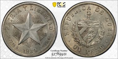1934 Peso KM-15.2  Ag AU55