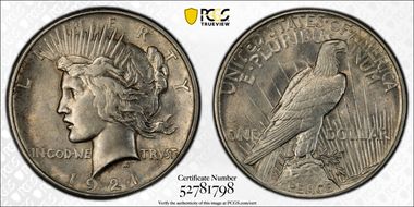 1921 $1 High Relief, Peace AU58