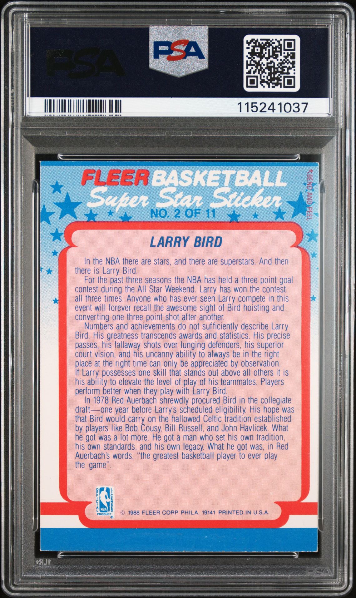1988 Fleer Sticker Larry Bird #2 Ex 5 back