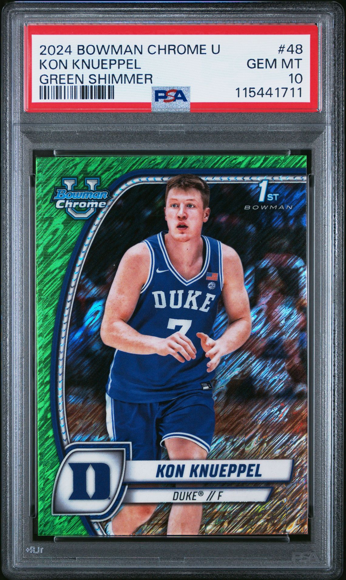 2024 Bowman Chrome BOWMAN CHROME UNIVERSITY GREEN SHIMMER #48 Kon Knueppel front