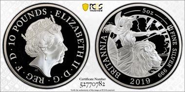 2019 £10 Britannia 5oz Ag PR68DCAM
