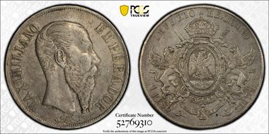 1867-Mo Peso Maximilian KM-388.1 AU53