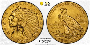 1908 $5 Indian MS62