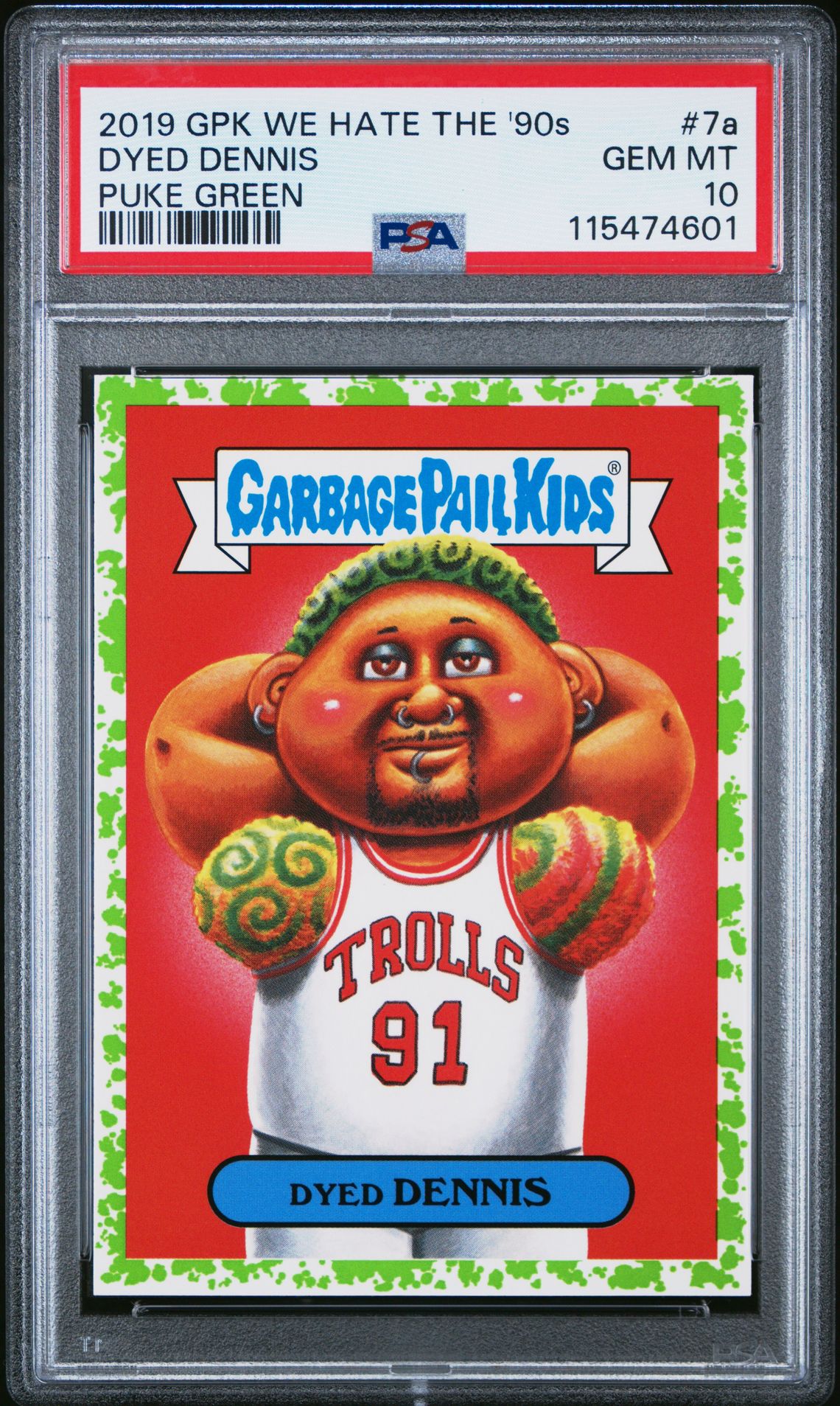 2019 Topps GARBAGE PAIL KIDS WE HATE THE '90S PUKE GREEN #7A Dyed Dennis front