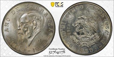1959-Mo 5 Peso Carranza KM-471  Ag MS63