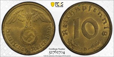 1939-D 10 Pfg J-364 MS64