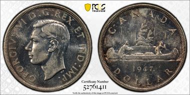 1947 S$1 Maple Leaf Doubled HP MS63