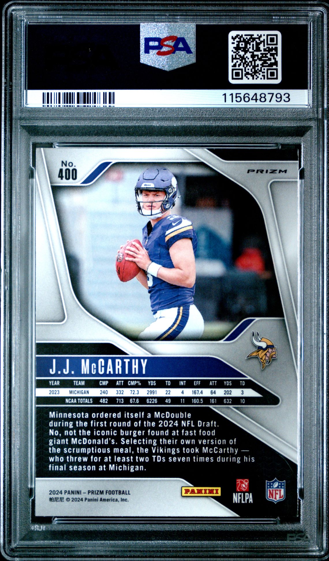 2024 Panini Prizm Jj Mccarthy #400 (Lazer Prizm) Mint 9 back