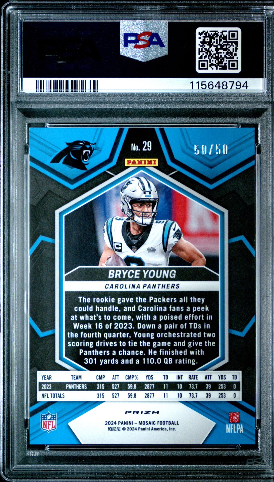 2024 Panini Mosaic Bryce Young #29 (Purple No Huddle) Gem Mt 10 back