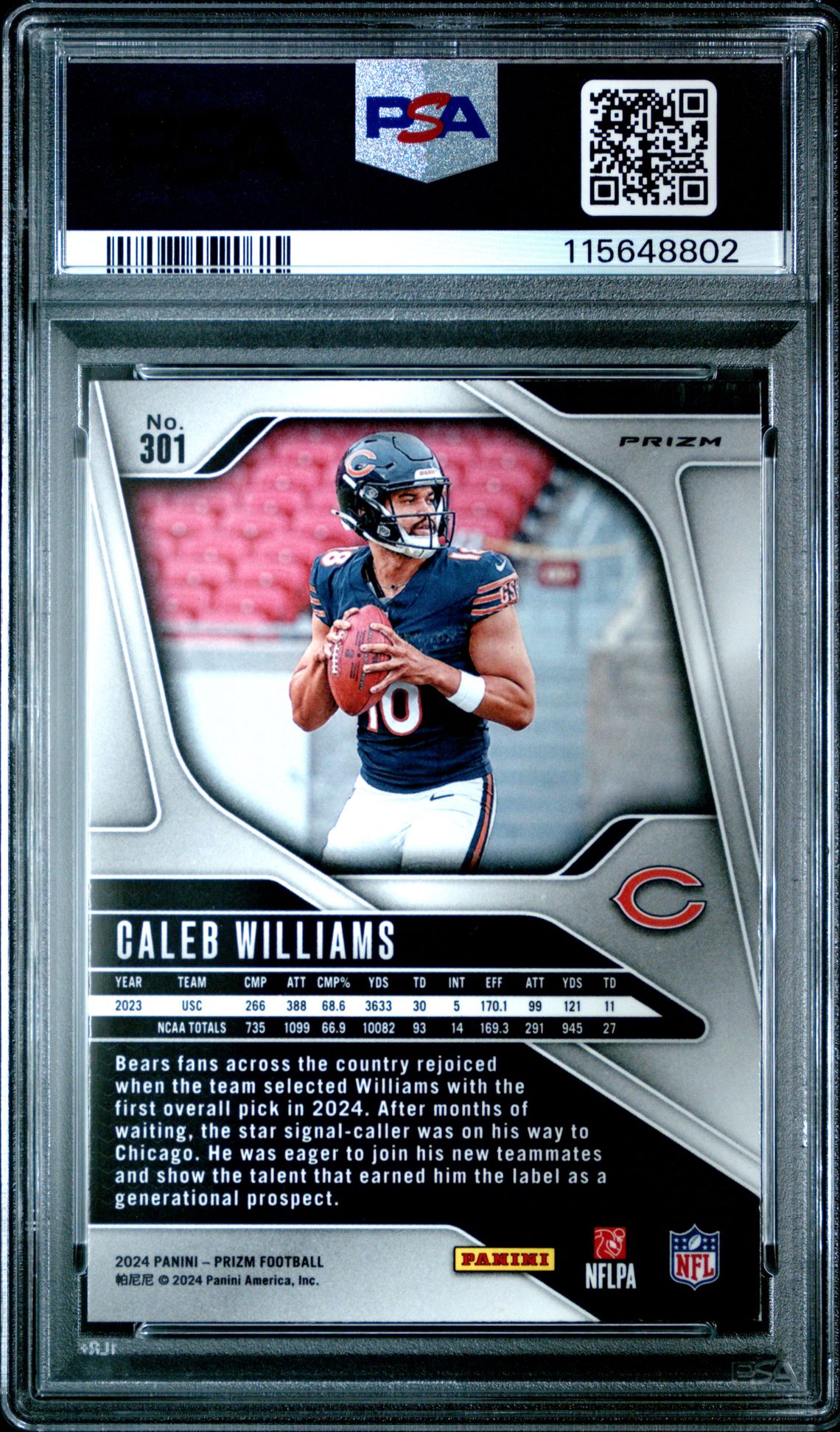 2024 Panini Prizm Caleb Williams #301 (Lazer Prizm) Mint 9 back