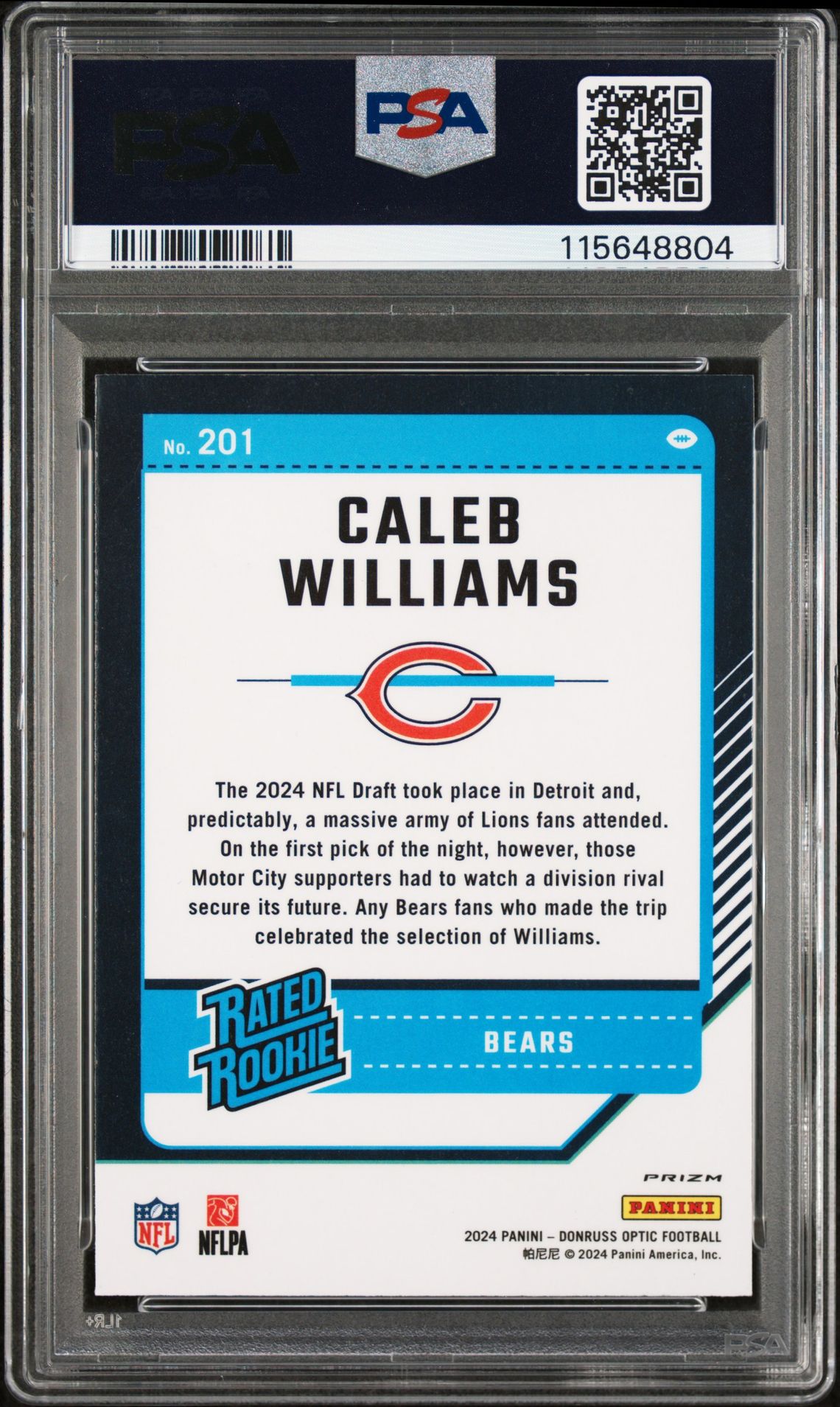 2024 Panini Donruss Optic Caleb Williams #201 (Blue Hyper) Mint 9 back