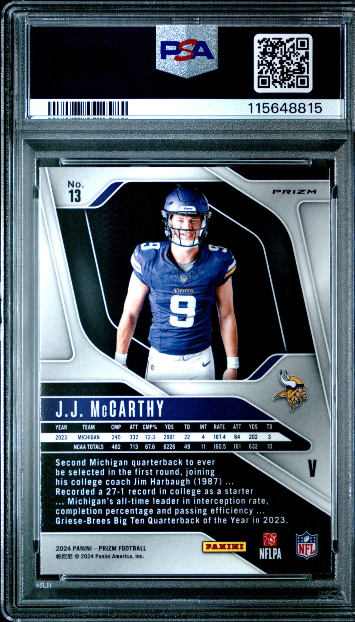 2024 Panini Prizm Rookie Variation Jj Mccarthy #13 Gem Mt 10 back