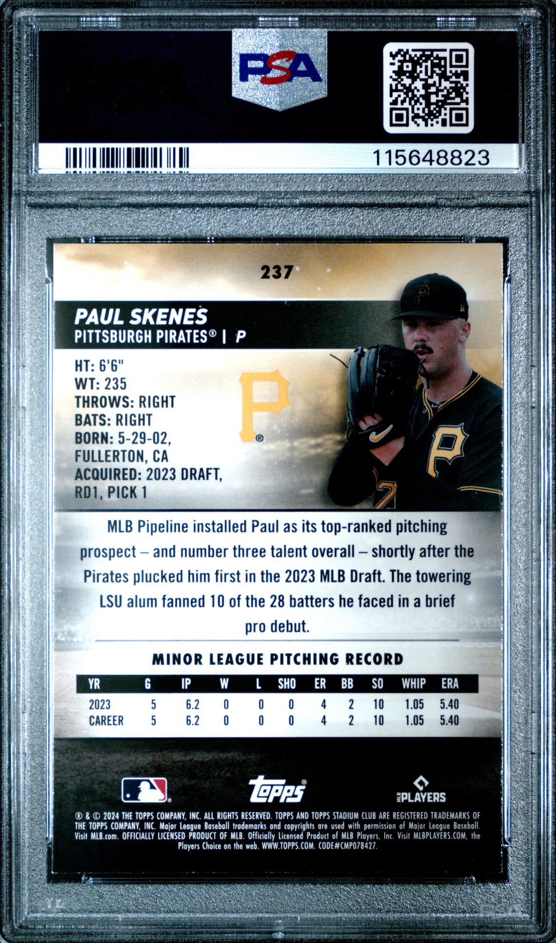 2024 Topps Stadium Club Paul Skenes #237 Mint 9 back