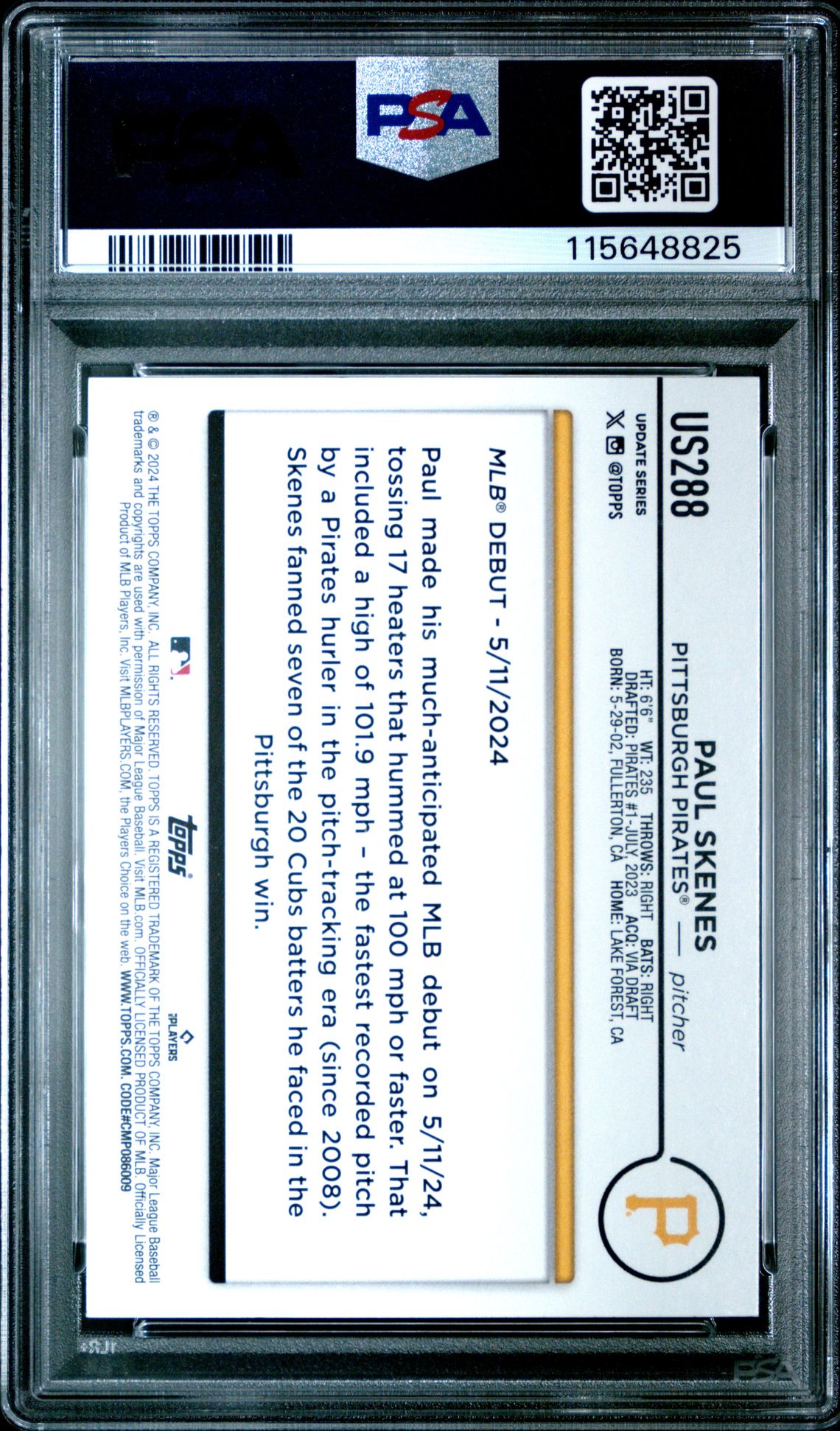 2024 Topps Update Paul Skenes #Us288 Mint 9 back