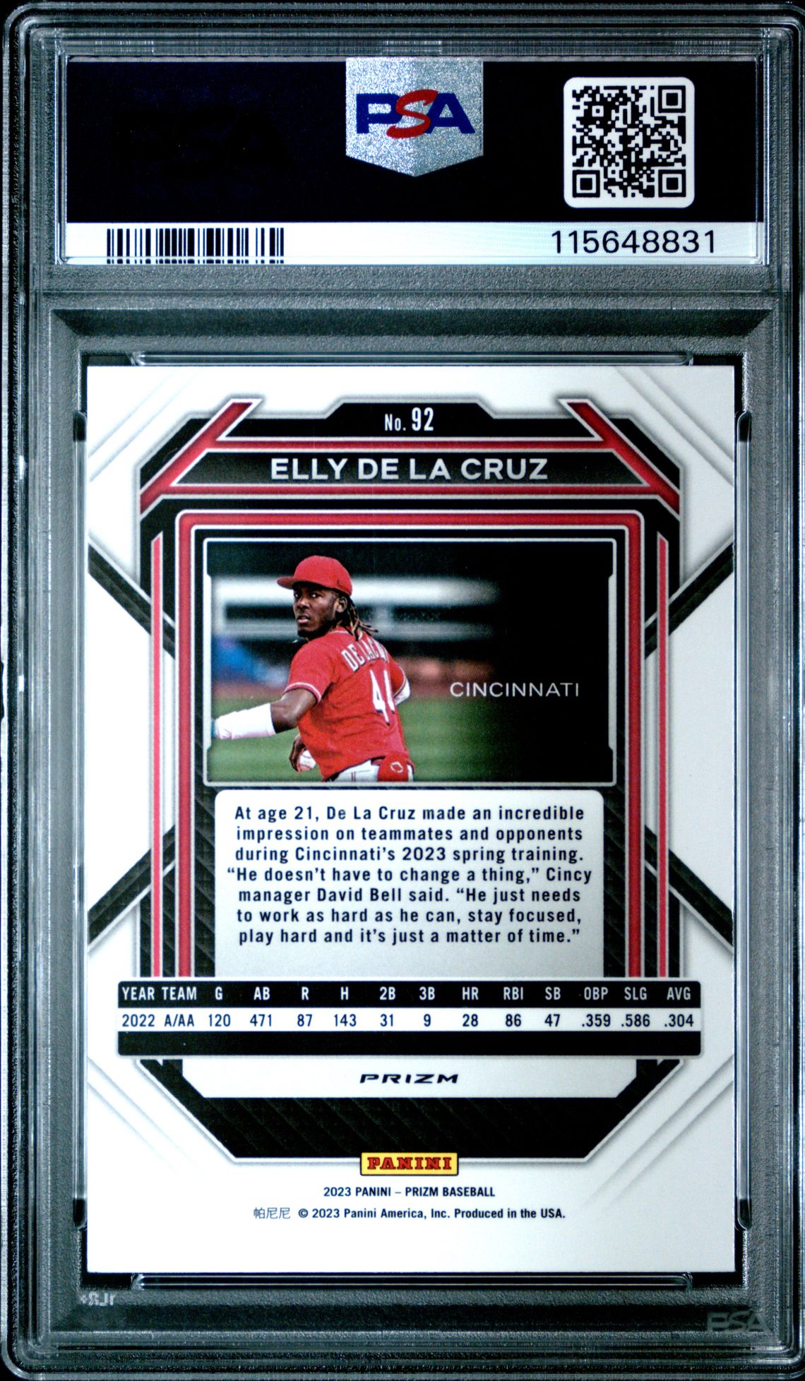 2023 Panini Prizm Elly De La Cruz #92 (Blue Ice) Gem Mt 10 back