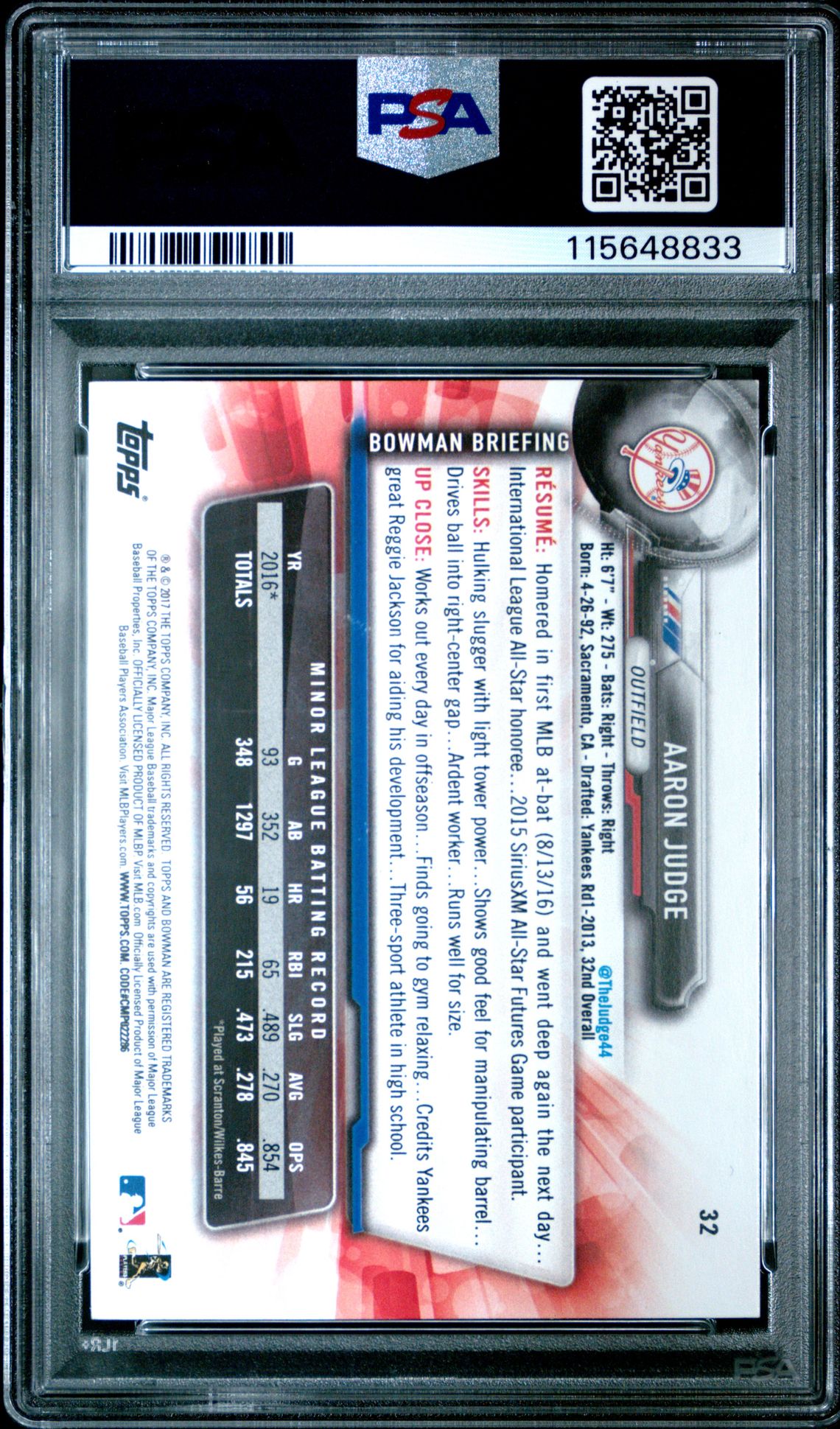 2017 Bowman Aaron Judge #32 Mint 9 back