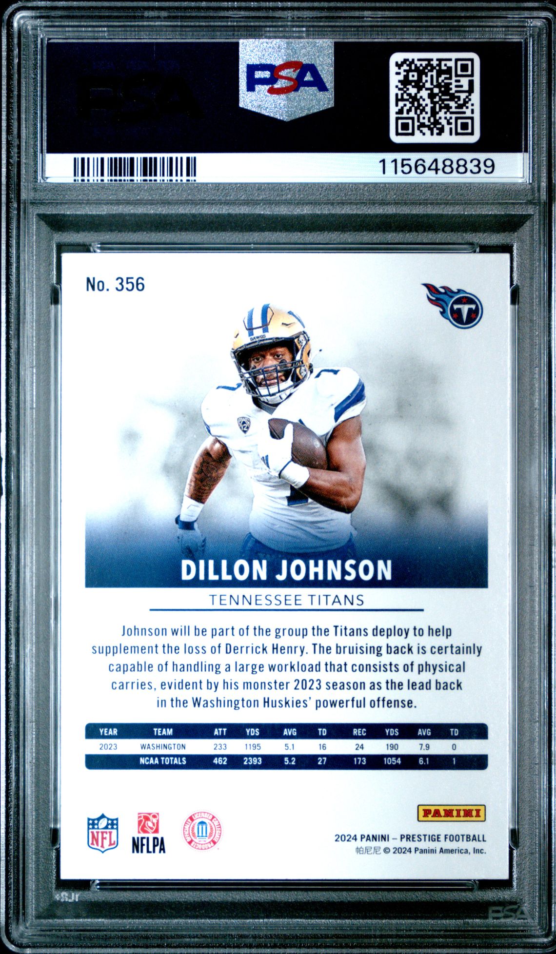2024 Panini Prestige Dillon Johnson #356 Mint 9 back