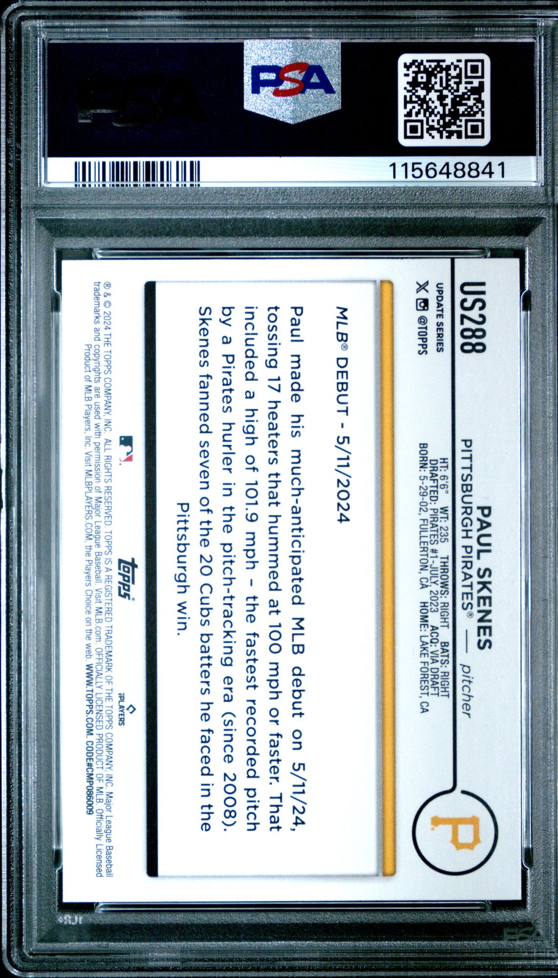 2024 Topps Update Paul Skenes #Us288 Mint 9 back