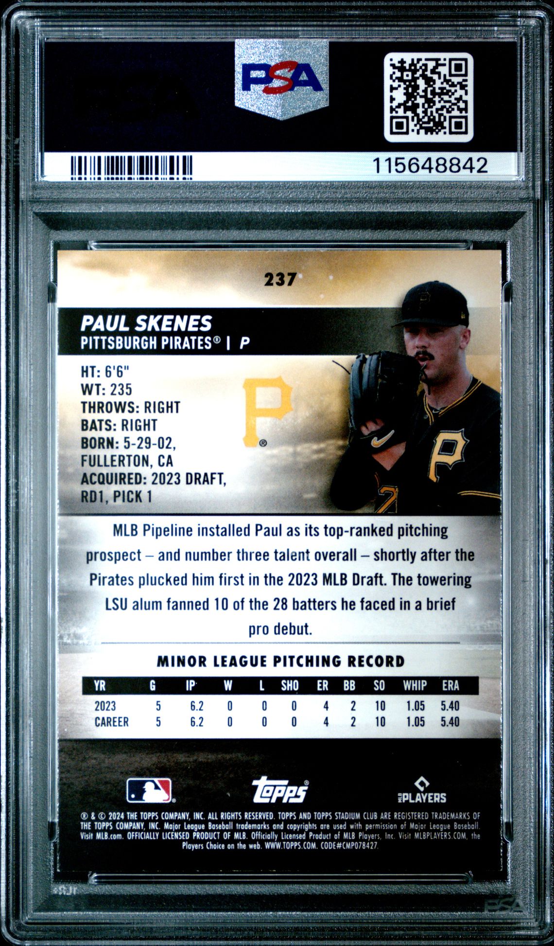 2024 Topps Stadium Club Paul Skenes #237 Mint 9 back