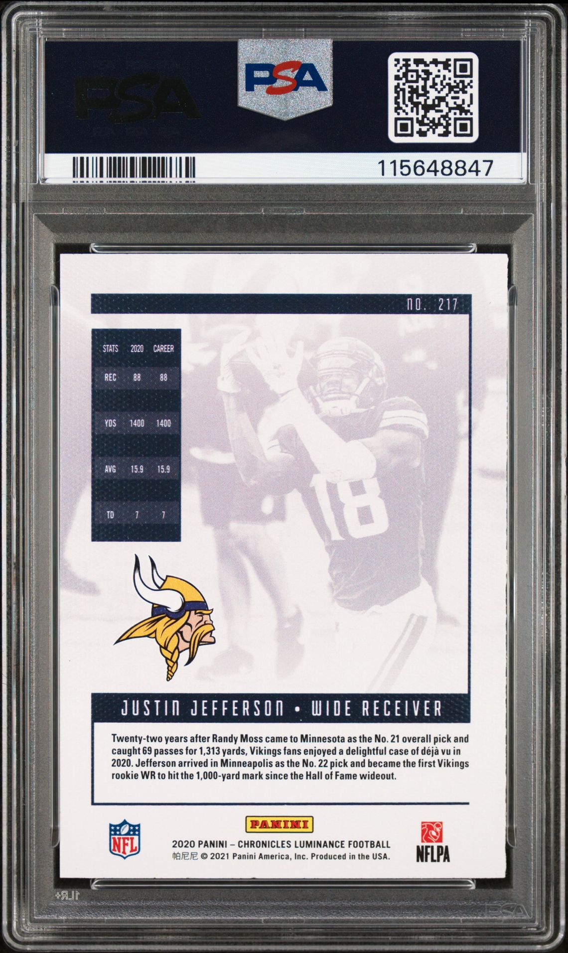 2020 Panini Chronicles Luminance Justin Jefferson #217 (Luminance-Pink) Mint 9 back