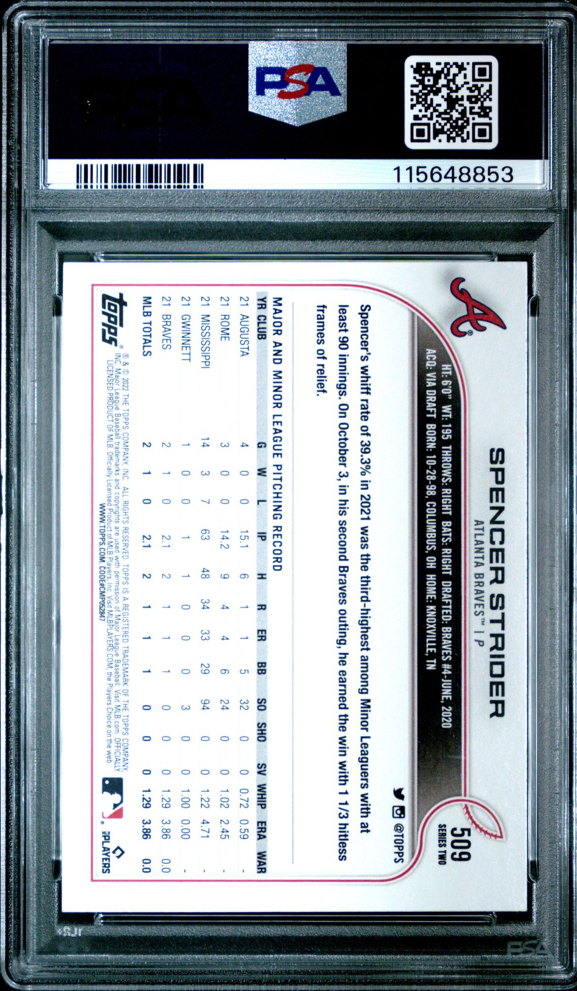 2022 Topps Spencer Strider #509 Gem Mt 10 back