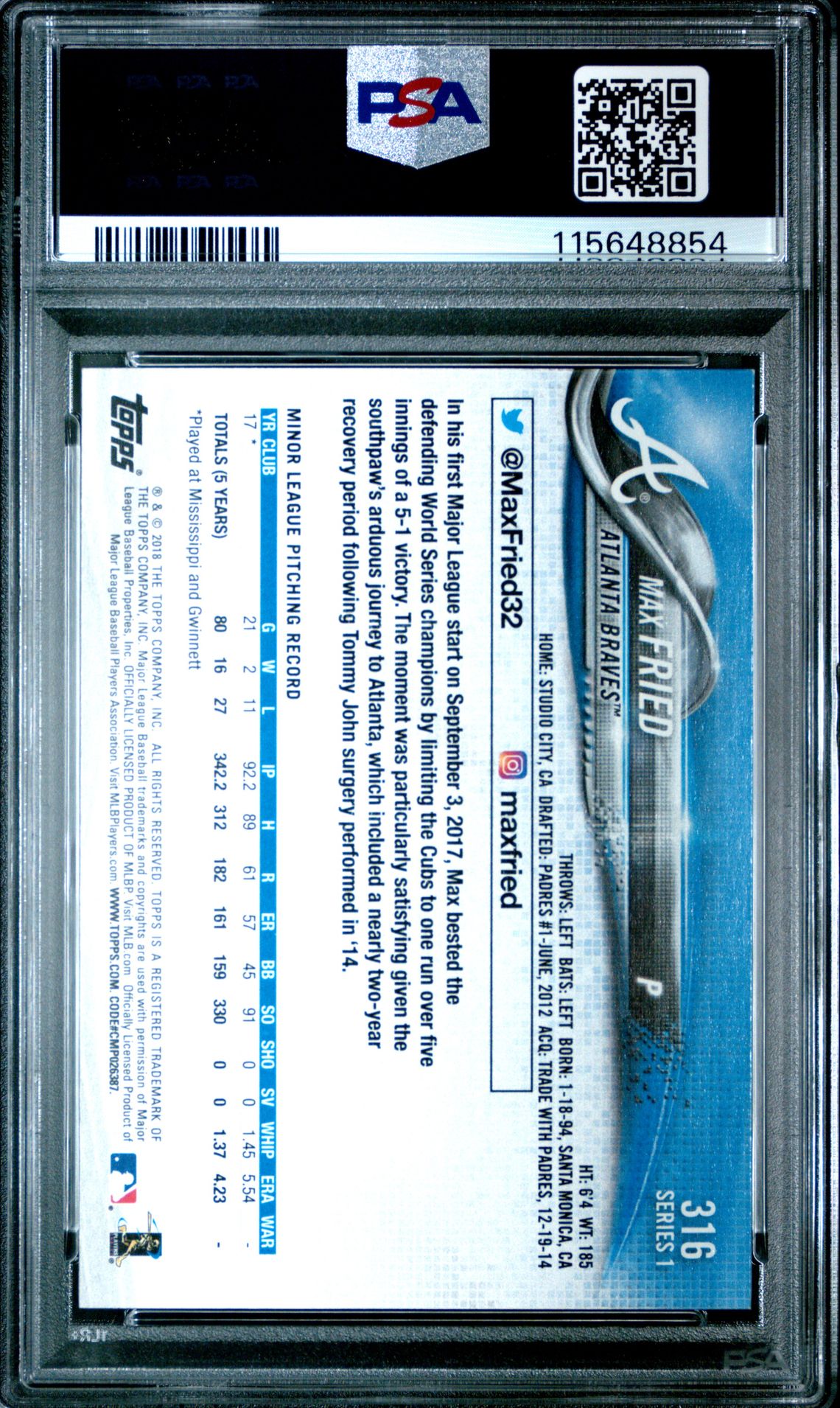 2018 Topps Max Fried #316 Mint 9 back